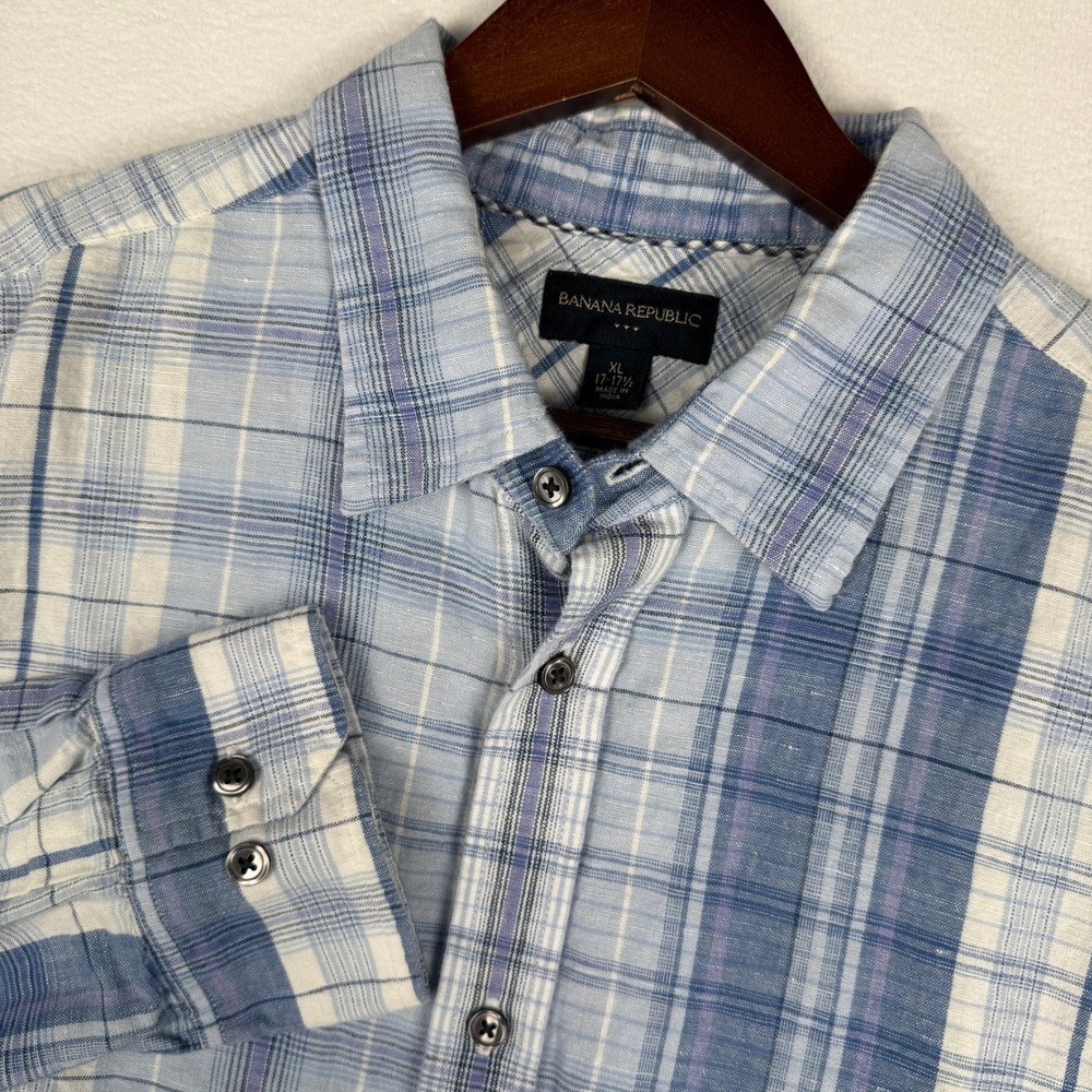 Banana Republic Linen Blend Shirt Mens XL Blue Plaid Long‎ Sleeve Button Up